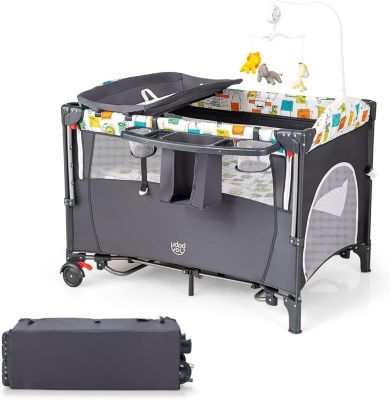 Lit Bébé 5 en 1 Pliable et Portable avec Table à Langer Fonction de Berceau Enceinte Activités Berceau Cododo Bébé Gris