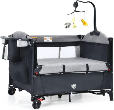 Lit Bébé 5 en 1 Pliable et Portable avec Table à Langer Fonction de Berceau Enceinte Activités Berceau Cododo Bébé Noir