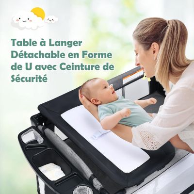 Lit Bébé 5 en 1 Pliable et Portable avec Table à Langer Fonction de Berceau Enceinte Activités Berceau Cododo Bébé Noir