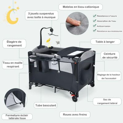 Lit Bébé 5 en 1 Pliable et Portable avec Table à Langer Fonction de Berceau Enceinte Activités Berceau Cododo Bébé Noir