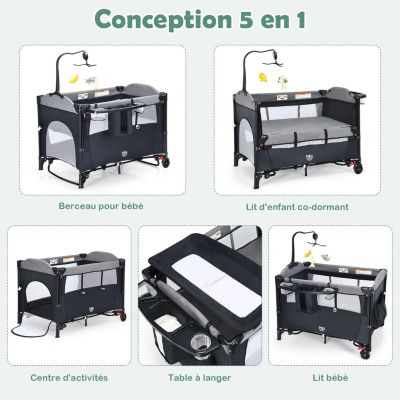 Lit Bébé 5 en 1 Pliable et Portable avec Table à Langer Fonction de Berceau Enceinte Activités Berceau Cododo Bébé Noir