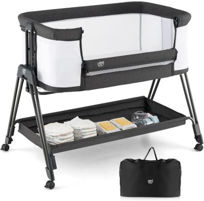 Lit Bébé avec Matelas Lit Cododo avec Inclinaison 7 Hauteur Réglable étagère de Rangement Gris Foncé