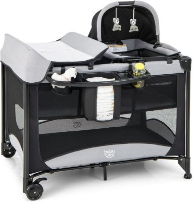Lit Bébé Lit de Voyage Parc Bébé 5 en 1 avec Table à Langer Matelas Hauteur Réglable Panier Spacieux Sac Portable Noir
