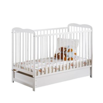 Lit bébé évolutif avec tiroir et matelas collection NOE réglable en hauteur. Coloris blanc mat.