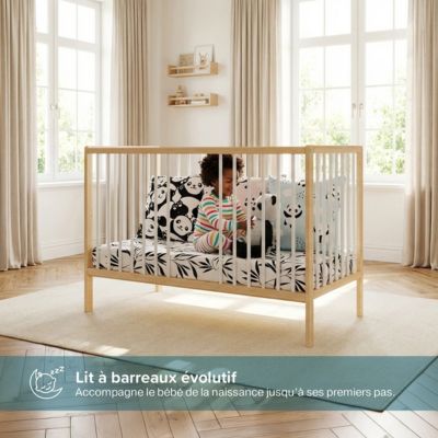 Lit bébé évolutif avec tiroir Mathis 60x120 cm (matelas non inclus) Bois naturel et blanc