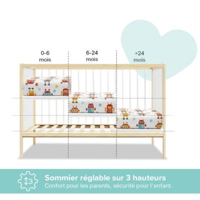 Lit bébé évolutif avec tiroir Mathis 60x120 cm (matelas non inclus) Bois naturel et blanc
