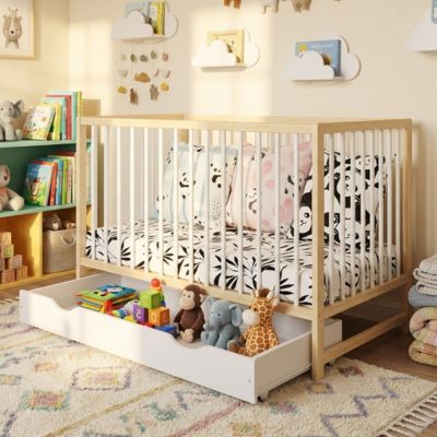 Lit bébé évolutif avec tiroir Mathis 60x120 cm (matelas non inclus) Bois naturel et blanc