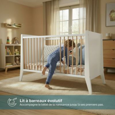 Lit bébé évolutif avec tiroir Timeo 60x120 cm (matelas non inclus) Blanc & bois