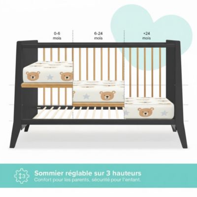 Lit bébé évolutif Timeo 60x120 cm (matelas non inclus) Gris & bois