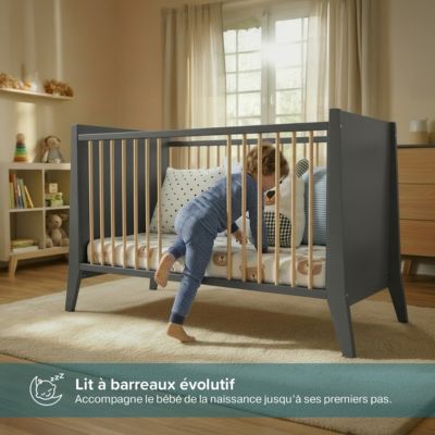 Lit bébé évolutif Timeo 60x120 cm (matelas non inclus) Gris & bois