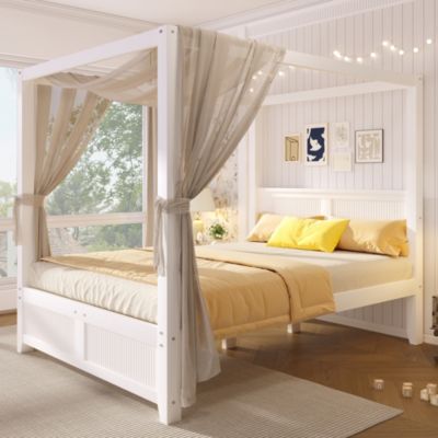 Lit à baldaquin en bois 140x200 cm - avec baldaquin décoratif - Rayures verticales - MDF- Blanc (Rideaux et matelas non inclus)
