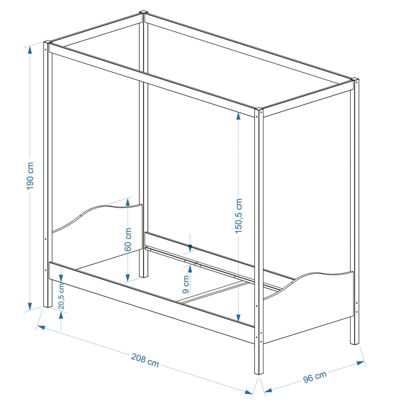 Lit à baldaquin NADINE couchage 90x200 cm 1 personne idéal pour enfant, en pin massif lasuré blanc