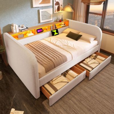 Lit banquette 140x190 cm - Lit ado/enfant capitonné avec LED et tiroirs - Lin et métal - Beige clair - Sans matelas