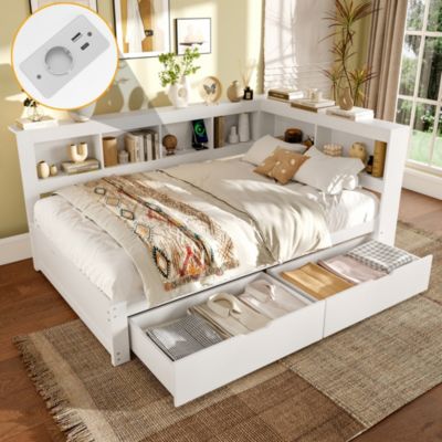 Lit banquette 140x200 cm blanc en MDF et pin avec tiroirs et ports USB