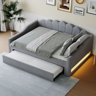 Lit banquette 140x200 cm en lin gris avec lit gigogne et LED