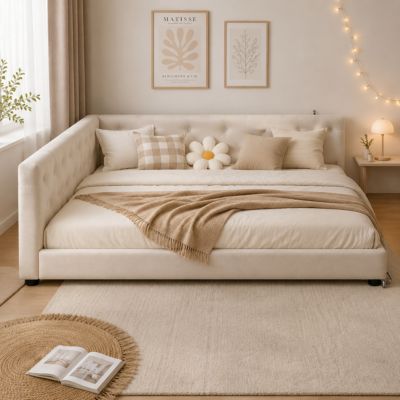 Lit Banquette 140x200 cm - Lit Capitonnée Double avec Ports USB Type-C et Éclairage LED - Tête Rembourrée - Sans Matelas - Beige