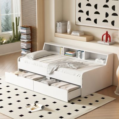 Lit banquette 90 x 200 cm blanc avec rangement, 2 tiroirs