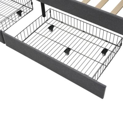 Lit banquette 90 x 200 cm, rangement intégré, 2 tiroirs, USB, tête de lit, sans matelas, gris, tissu effet lin