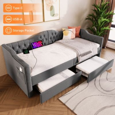 Lit banquette 90 x 200 cm, rangement intégré, 2 tiroirs, USB, tête de lit, sans matelas, gris, tissu effet lin