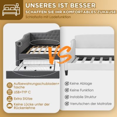 Lit banquette 90 x 200 cm, rangement intégré, 2 tiroirs, USB, tête de lit, sans matelas, gris, tissu effet lin