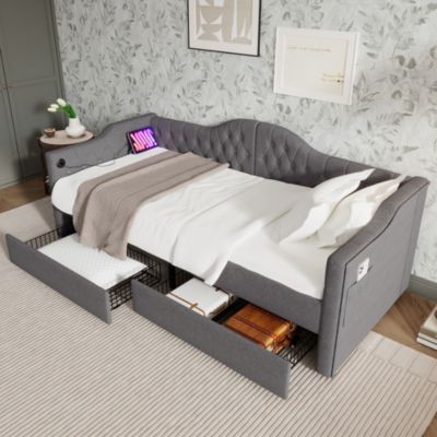 Lit banquette 90 x 200 cm, rangement intégré, 2 tiroirs, USB, tête de lit, sans matelas, gris, tissu effet lin