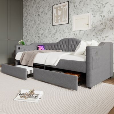 Lit banquette 90 x 200 cm, rangement intégré, 2 tiroirs, USB, tête de lit, sans matelas, gris, tissu effet lin
