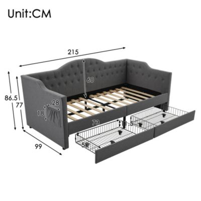 Lit banquette 90 x 200 cm, rangement intégré, 2 tiroirs, USB, tête de lit, sans matelas, gris, tissu effet lin