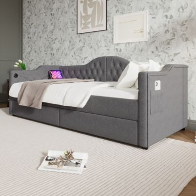Lit banquette 90 x 200 cm, rangement intégré, 2 tiroirs, USB, tête de lit, sans matelas, gris, tissu effet lin