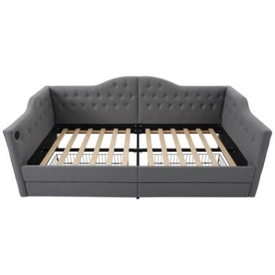 Lit banquette 90 x 200 cm, rangement intégré, 2 tiroirs, USB, tête de lit, sans matelas, gris, tissu effet lin