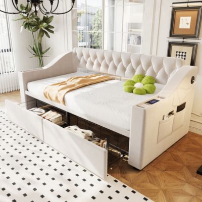 Lit banquette 90x190 cm en velours beige avec tiroirs, rangements et ports USB