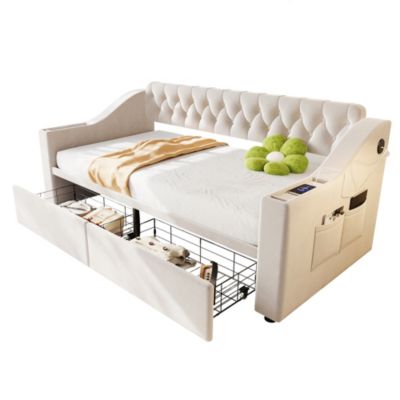 Lit banquette 90x190 cm en velours beige avec tiroirs, rangements et ports USB