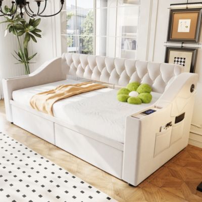 Lit banquette 90x190 cm en velours beige avec tiroirs, rangements et ports USB