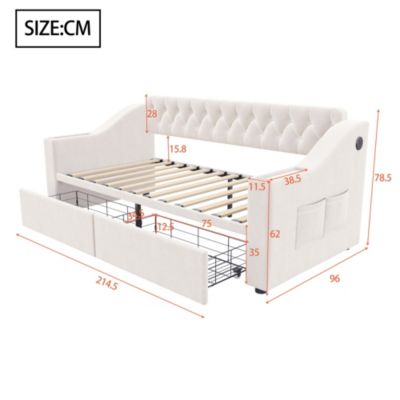 Lit banquette 90x190 cm en velours beige avec tiroirs, rangements et ports USB