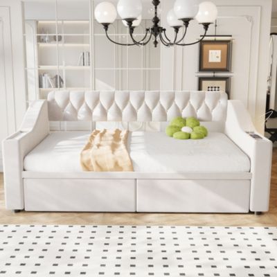 Lit banquette 90x190 cm en velours beige avec tiroirs, rangements et ports USB