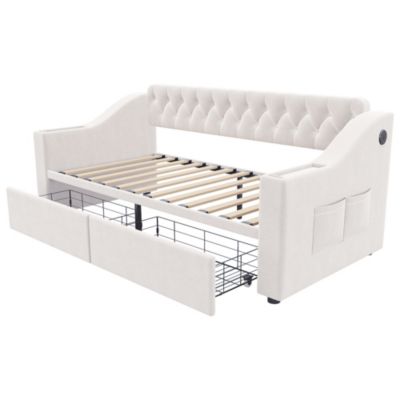 Lit banquette 90x190 cm en velours beige avec tiroirs, rangements et ports USB