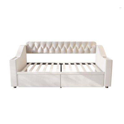 Lit banquette 90x190 cm en velours beige avec tiroirs, rangements et ports USB