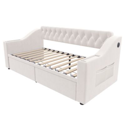 Lit banquette 90x190 cm en velours beige avec tiroirs, rangements et ports USB