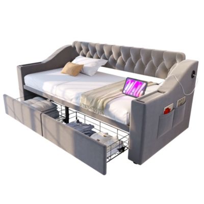 Lit banquette 90x190 cm en velours gris clair avec tiroirs et ports USB