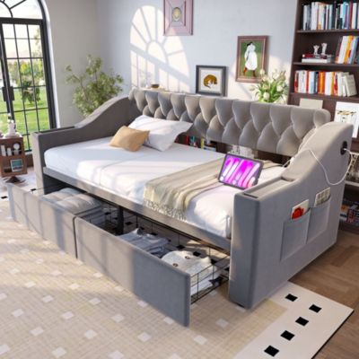 Lit banquette 90x190 cm en velours gris clair avec tiroirs et ports USB