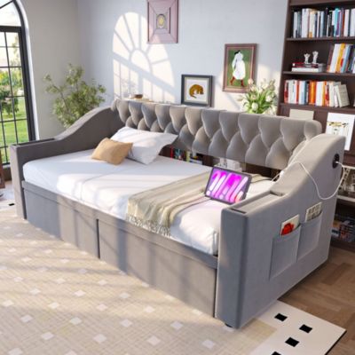 Lit banquette 90x190 cm en velours gris clair avec tiroirs et ports USB