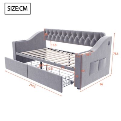 Lit banquette 90x190 cm en velours gris clair avec tiroirs et ports USB
