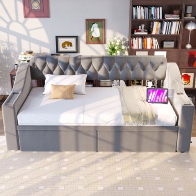 Lit banquette 90x190 cm en velours gris clair avec tiroirs et ports USB