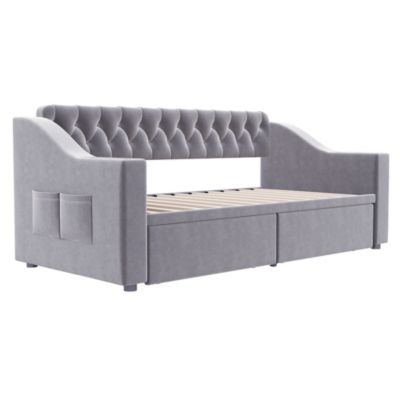 Lit banquette 90x190 cm en velours gris clair avec tiroirs et ports USB