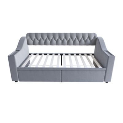 Lit banquette 90x190 cm en velours gris clair avec tiroirs et ports USB