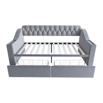 Lit banquette 90x190 cm en velours gris clair avec tiroirs et ports USB