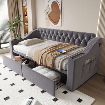 Lit banquette 90x190 cm en velours gris foncé avec tiroirs et ports USB