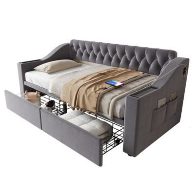Lit banquette 90x190 cm en velours gris foncé avec tiroirs et ports USB
