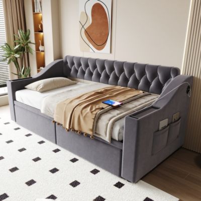 Lit banquette 90x190 cm en velours gris foncé avec tiroirs et ports USB