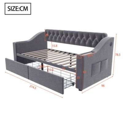 Lit banquette 90x190 cm en velours gris foncé avec tiroirs et ports USB