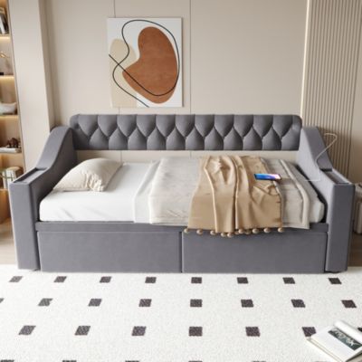 Lit banquette 90x190 cm en velours gris foncé avec tiroirs et ports USB
